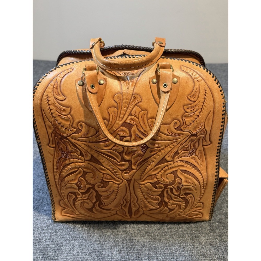 Vintage Hand Tooled Leather Bowling Bag with Metal Ball Holder Murray Engraved